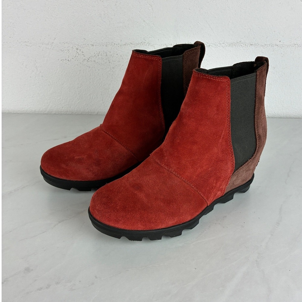 Sorel Red Brown Wedge Ankle Boots - 7 - Suede Colorblock Chelsea Boho Gorpcore